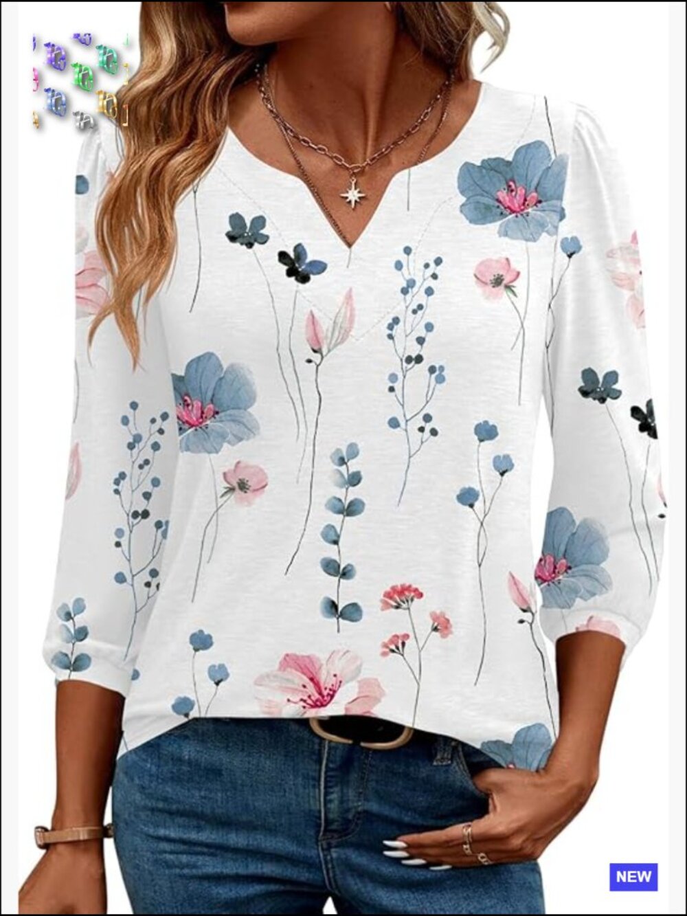 3/4 Length Puff Sleeve V-Neck Blouse Dressy Casual Tunic Top Business Work Shirt